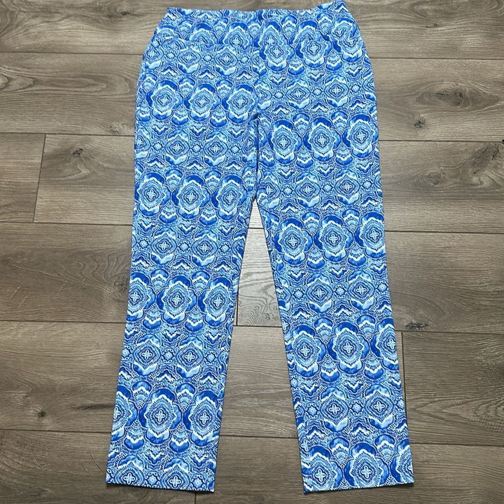 IBKUL Venetian Tiles Denim Stretch Golf Ankle Pants Blue White Size 10